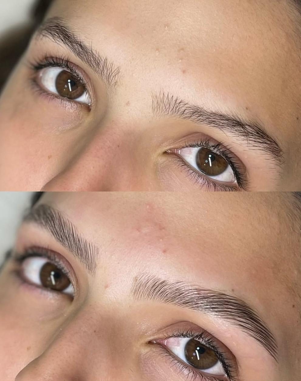 Sobrancelha antes e depois de design e laminação, exemplo 2